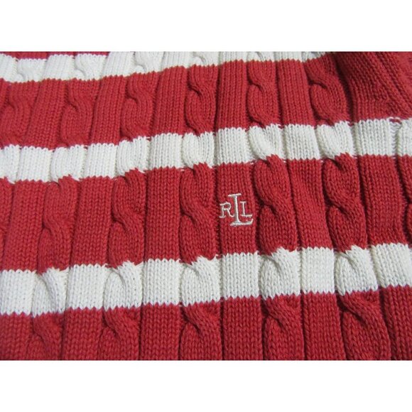 Lauren Ralph Lauren Women’s Cable Knit Sweater Red Ecru Striped Large NWT NEW - Picture 2 of 4